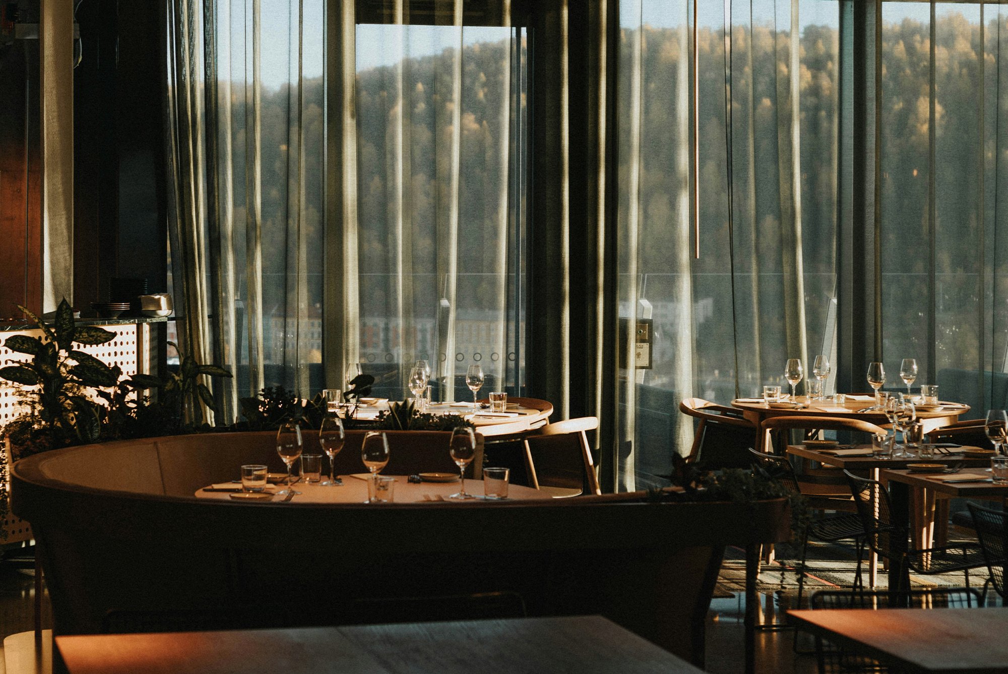 Elegant restaurantinteriør med opdækkede borde og udsigt til skov gennem store vinduer.