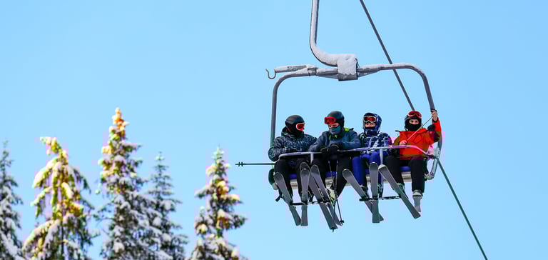 Gruppe af mennesker på en skilift med sneklædte træer i baggrunden.