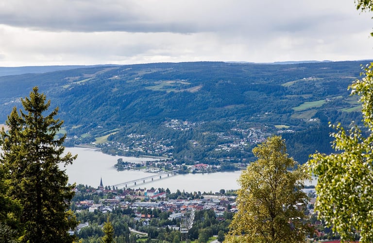 Udsigt over Lillehammer med sø og bakker.