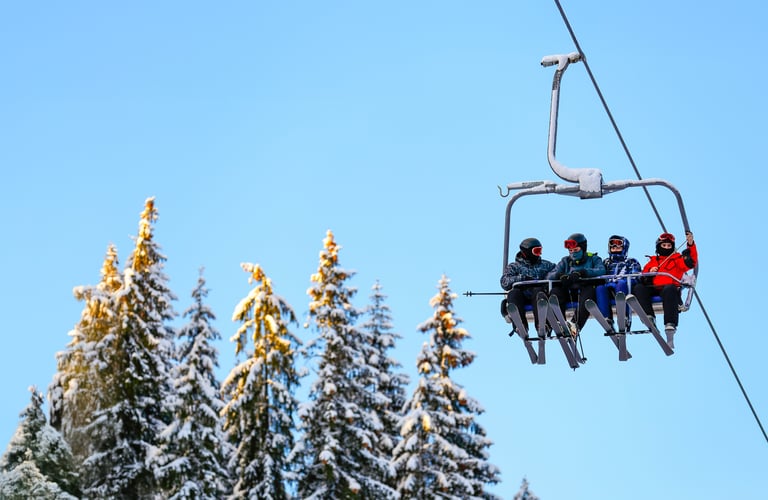 Gruppe af mennesker på en skilift med sneklædte træer i baggrunden.